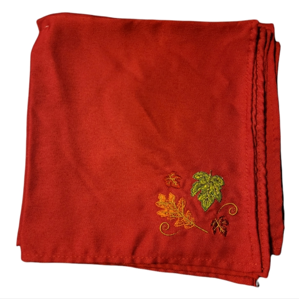 4 Vtg Burgundy Dinner Knapkins Embroidered Autumn Leaves